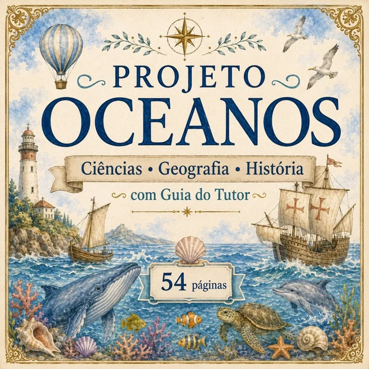 Capa real do Projeto Oceanos, com Ciências, Geografia, História e Guia do Tutor