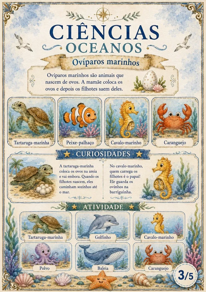 Página real de Ciências sobre animais ovíparos marinhos